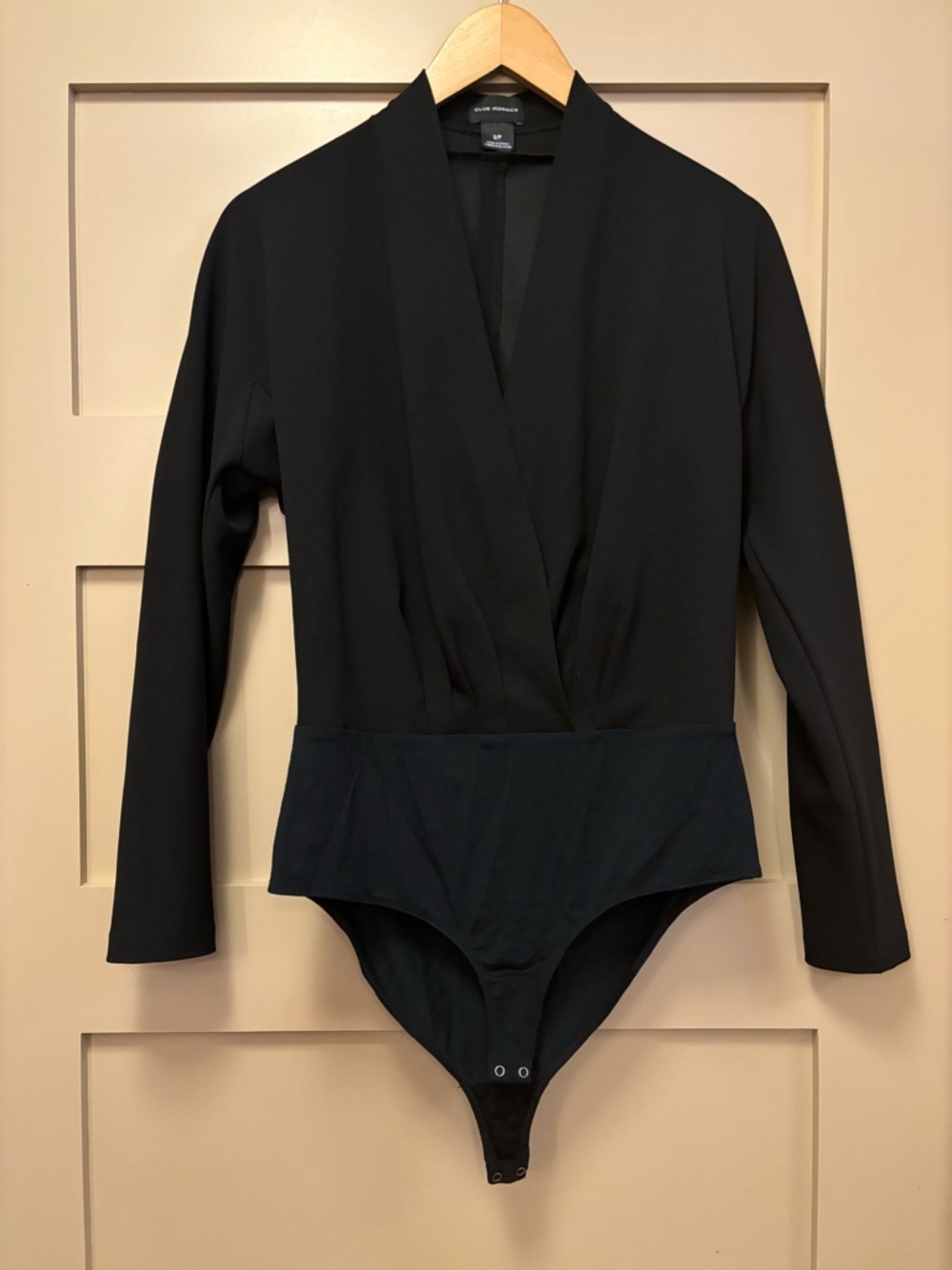 CLUB MONACO Plunge Surplice Long Sleeve Bodysuit Black Stretch Scuba